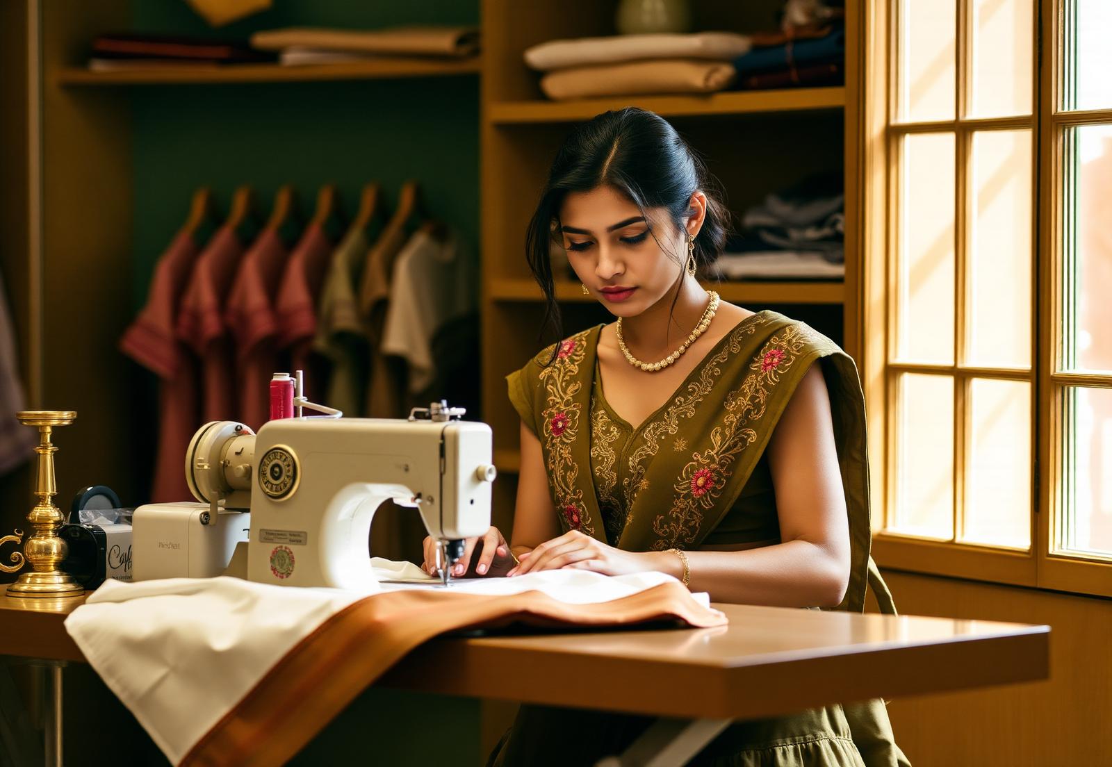 Designer at Demo For Tailors stitching an embroidered outfit
